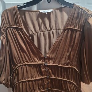 Frame Denim Brown Ruched V-Neck Button Blouse